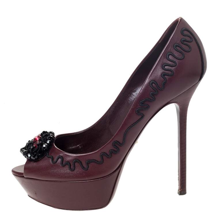 Pre Owned Sergio Rossi Burgundy Leather Embellished Platform Open Toe Pumps Size 39