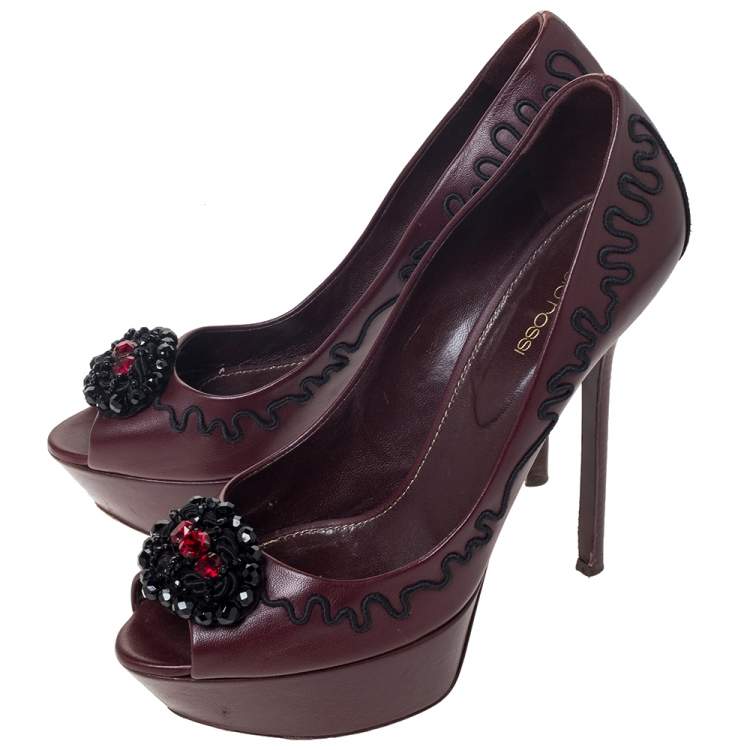 Pre Owned Sergio Rossi Burgundy Leather Embellished Platform Open Toe Pumps Size 39