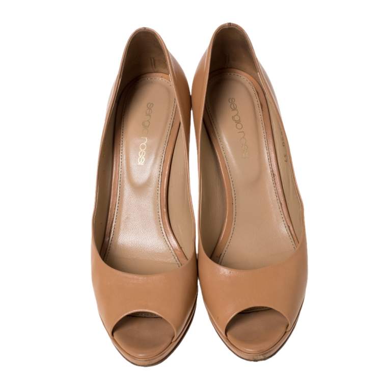 Pre Owned Sergio Rossi Beige Leather Peep Toe Pumps Size 37