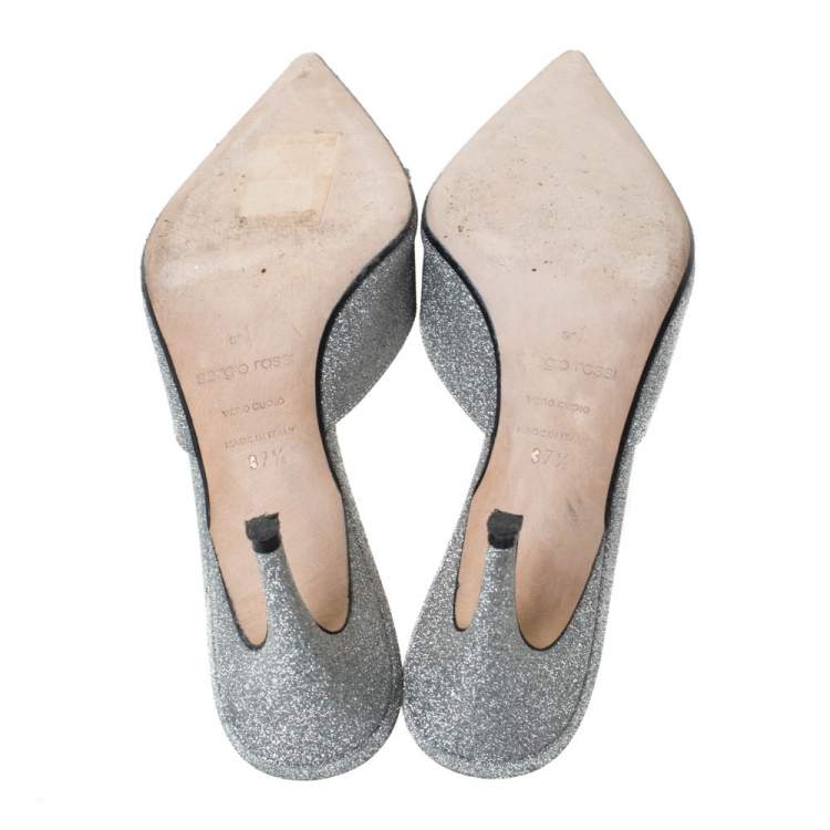 Pre Owned Sergio Rossi Silver Glitter Fabric Crystal Embellished Pointed Toe Mules Size 37.5