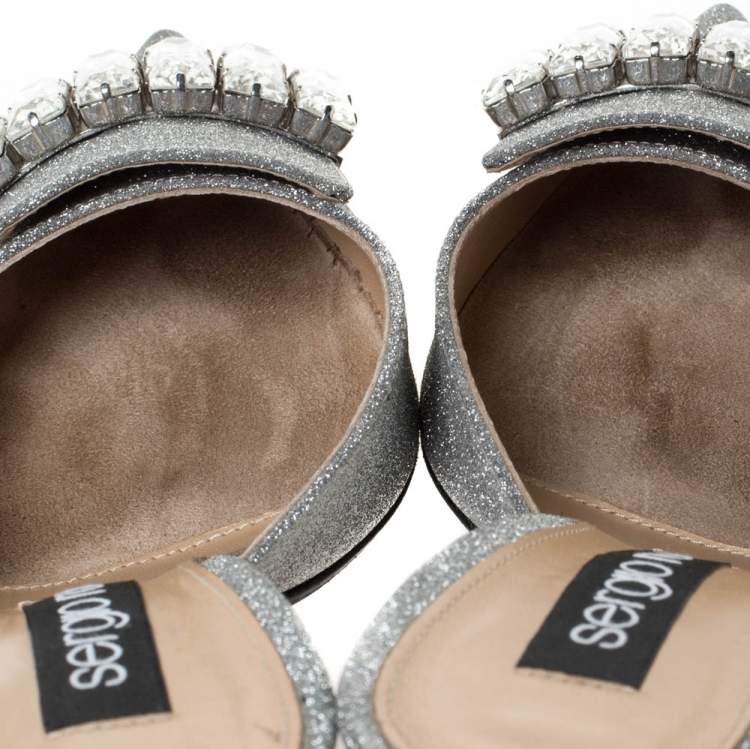 Pre Owned Sergio Rossi Silver Glitter Fabric Crystal Embellished Pointed Toe Mules Size 37.5