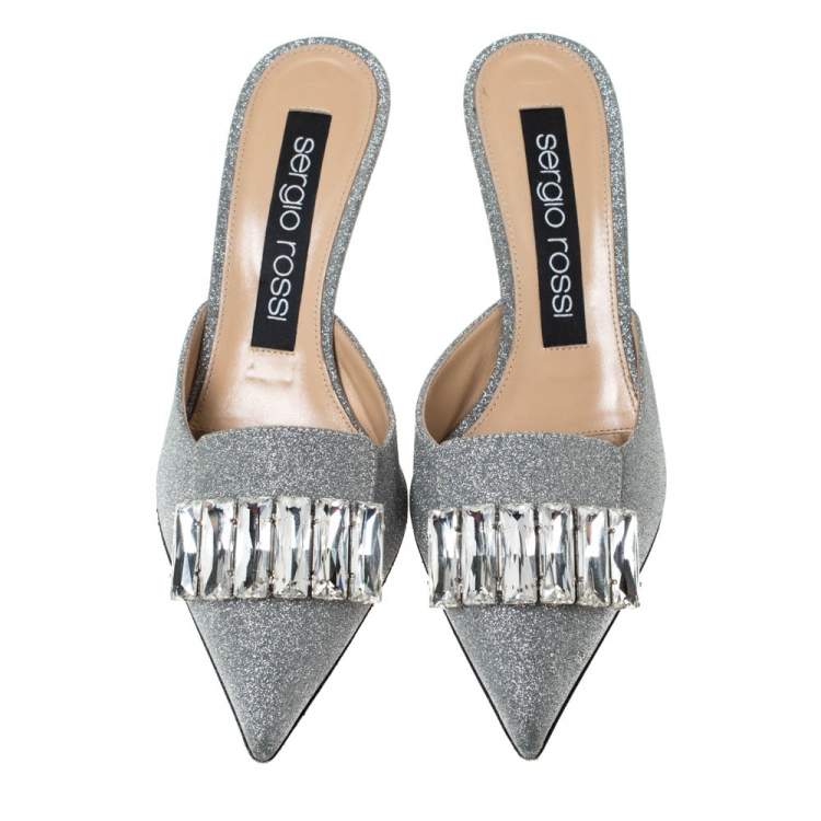 Pre Owned Sergio Rossi Silver Glitter Fabric Crystal Embellished Pointed Toe Mules Size 37.5
