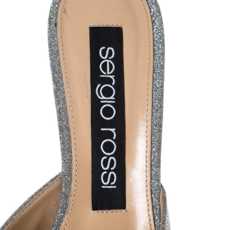 Pre Owned Sergio Rossi Silver Glitter Fabric Crystal Embellished Pointed Toe Mules Size 37.5