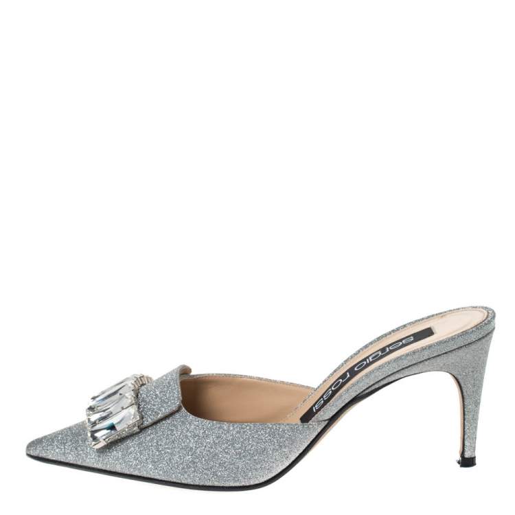Pre Owned Sergio Rossi Silver Glitter Fabric Crystal Embellished Pointed Toe Mules Size 37.5