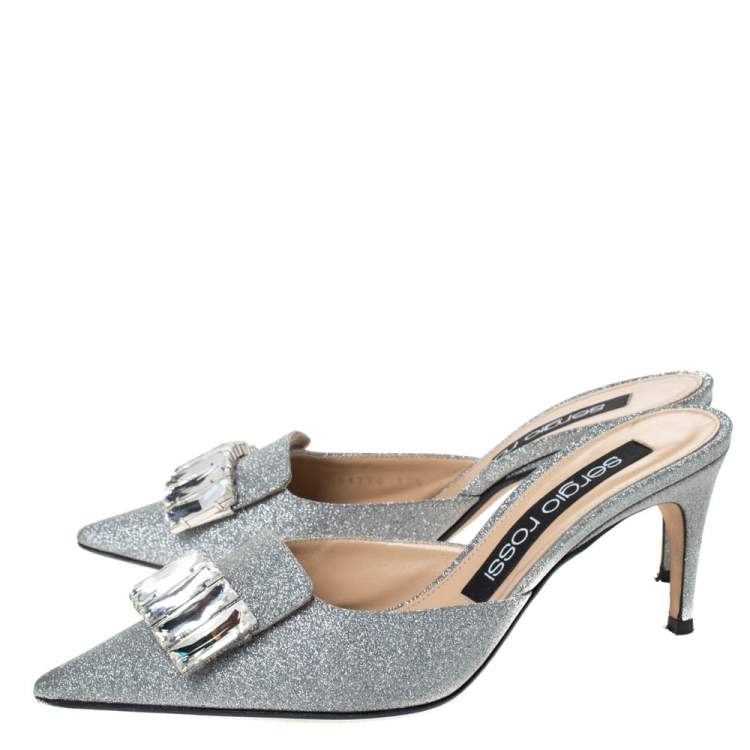 Pre Owned Sergio Rossi Silver Glitter Fabric Crystal Embellished Pointed Toe Mules Size 37.5