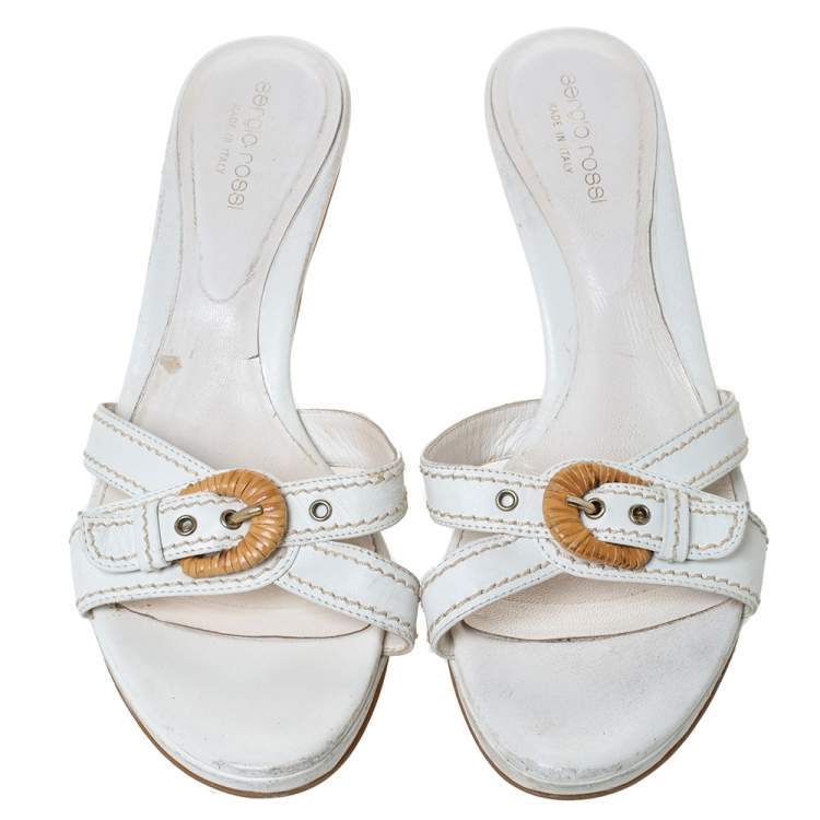 Pre Owned Sergio Rossi White Leather Buckle Detail Platform Slide Sandals Size 39.5