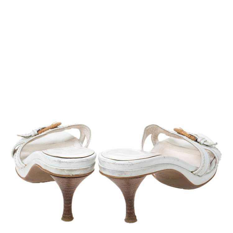 Pre Owned Sergio Rossi White Leather Buckle Detail Platform Slide Sandals Size 39.5