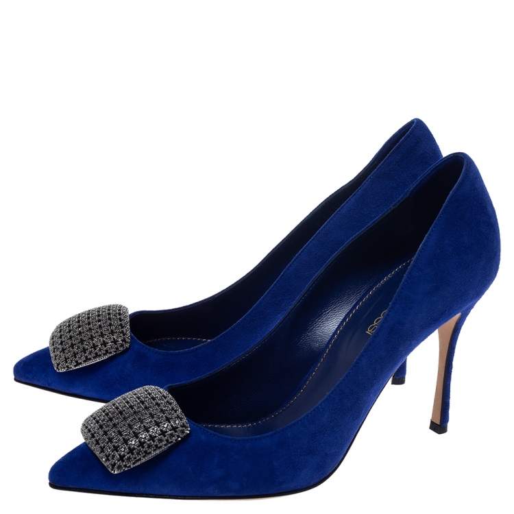 Pre Owned Sergio Rossi Blue Suede Leather Embellished Pumps Size 38
