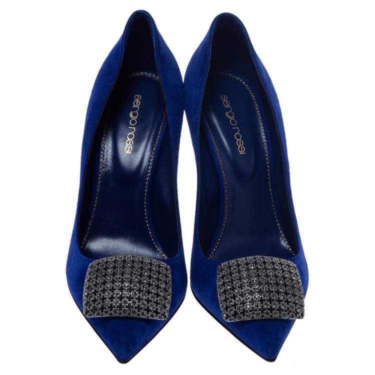 Pre Owned Sergio Rossi Blue Suede Leather Embellished Pumps Size 38