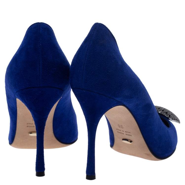 Pre Owned Sergio Rossi Blue Suede Leather Embellished Pumps Size 38
