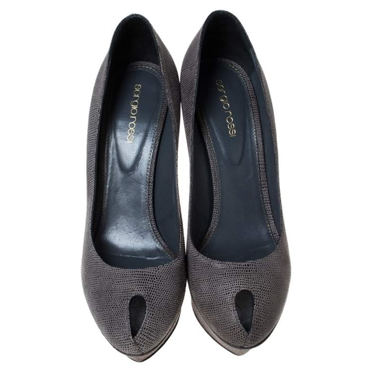 Pre Owned Sergio Rossi Grey Textured Suede Peep Toe Platform Pumps Size 39.5