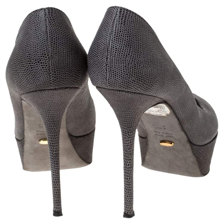 Pre Owned Sergio Rossi Grey Textured Suede Peep Toe Platform Pumps Size 39.5