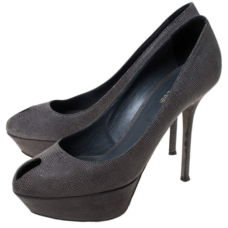 Pre Owned Sergio Rossi Grey Textured Suede Peep Toe Platform Pumps Size 39.5