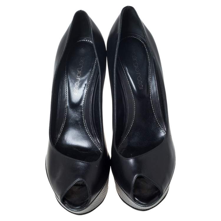 مملوكة مسبقًا Sergio Rossi Black/Grey Leather Peep Toe Platform Wedge Pumps Size 37