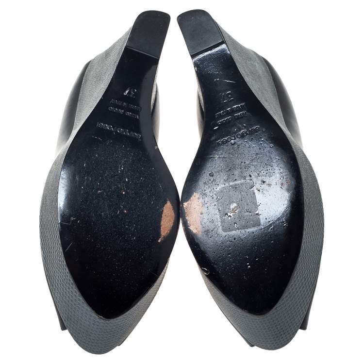 مملوكة مسبقًا Sergio Rossi Black/Grey Leather Peep Toe Platform Wedge Pumps Size 37