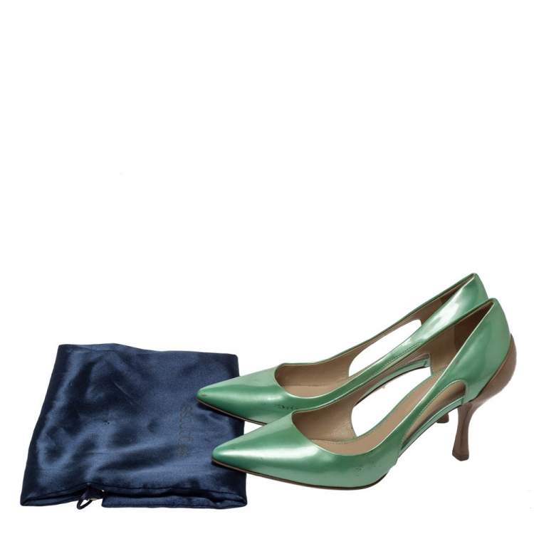 Pre Owned Sergio Rossi Green Patent And Brown Leather Cut Out Pumps Size 38