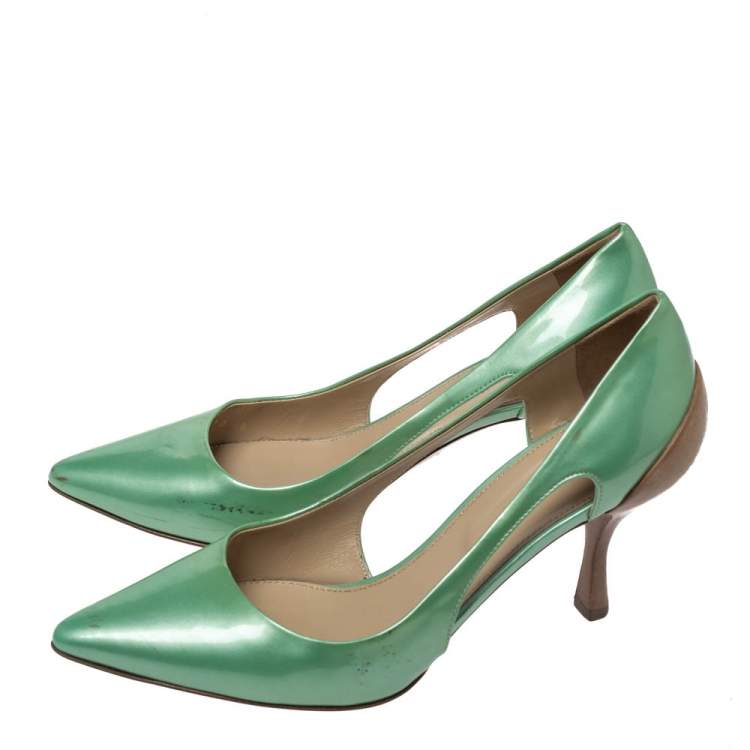 Pre Owned Sergio Rossi Green Patent And Brown Leather Cut Out Pumps Size 38