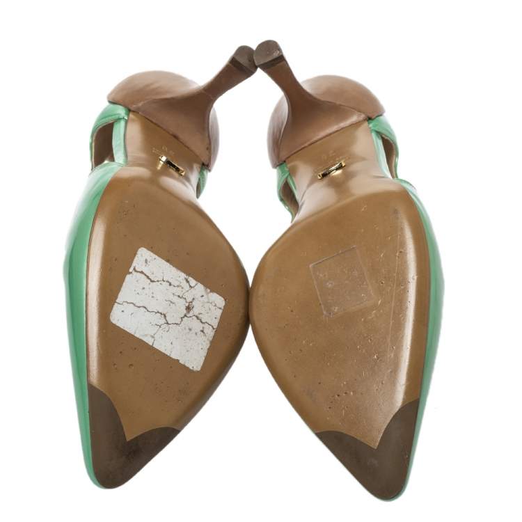Pre Owned Sergio Rossi Green Patent And Brown Leather Cut Out Pumps Size 38