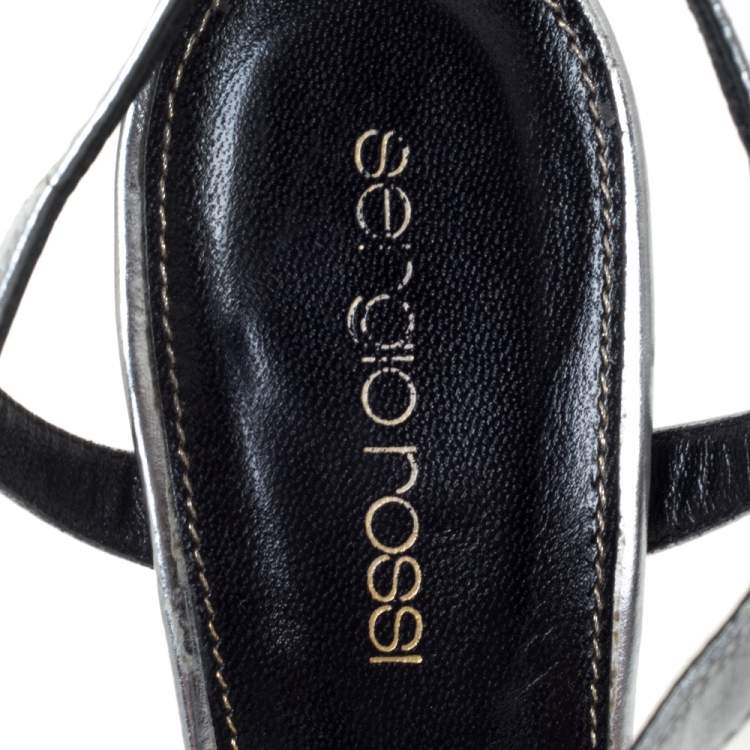 Pre Owned Sergio Rossi Metallic Silver Textured Leather Platform Ankle Strap Sandals Size 36