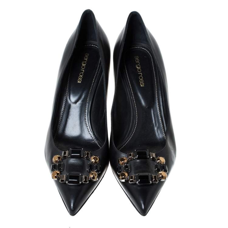 Pre Owned Sergio Rossi Black Leather Crystal Embellished Pointed Toe Pumps Size 40