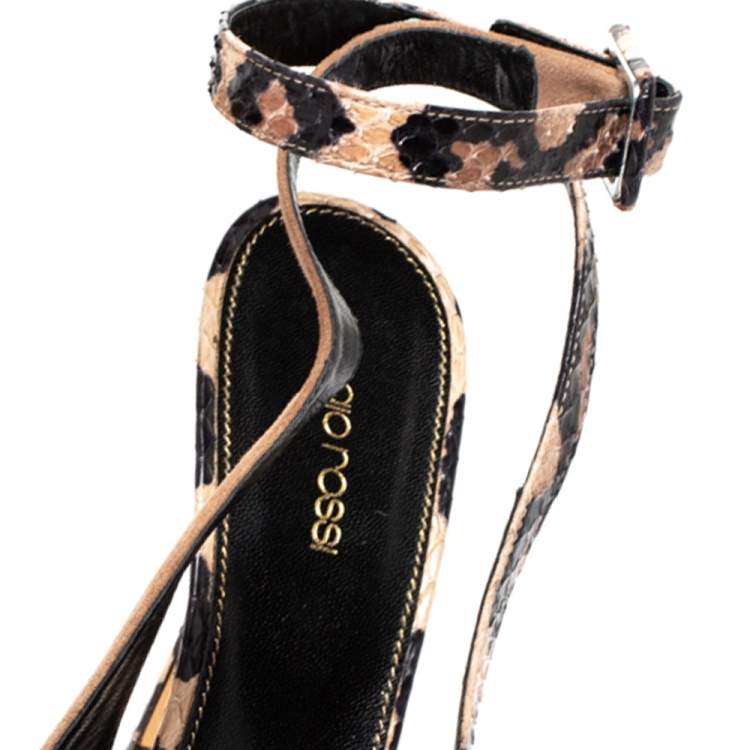 Pre Owned Sergio Rossi Beige/Black Suede And Python Pointed Toe Ankle Wrap Sandals Size 38