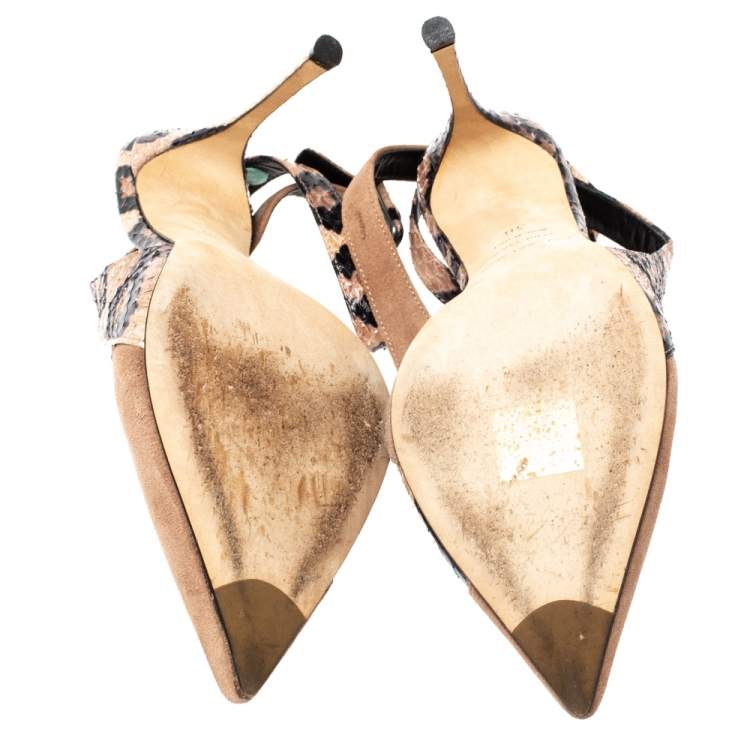 Pre Owned Sergio Rossi Beige/Black Suede And Python Pointed Toe Ankle Wrap Sandals Size 38