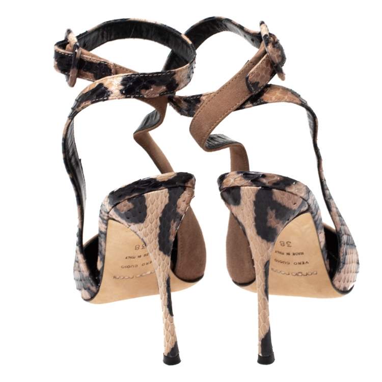 Pre Owned Sergio Rossi Beige/Black Suede And Python Pointed Toe Ankle Wrap Sandals Size 38