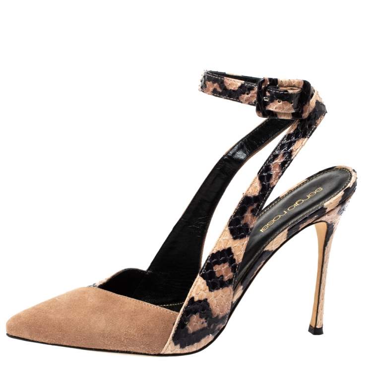 Pre Owned Sergio Rossi Beige/Black Suede And Python Pointed Toe Ankle Wrap Sandals Size 38