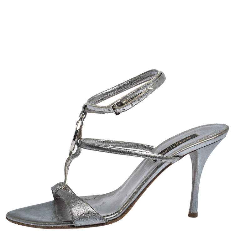 مملوكة مسبقًا Sergio Rossi Metallic Silver Leather Embellished Ankle Strap Sandals Size 38
