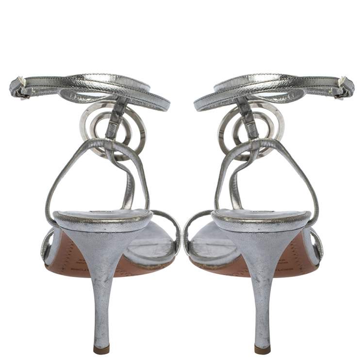 مملوكة مسبقًا Sergio Rossi Metallic Silver Leather Embellished Ankle Strap Sandals Size 38