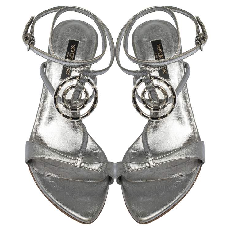 مملوكة مسبقًا Sergio Rossi Metallic Silver Leather Embellished Ankle Strap Sandals Size 38