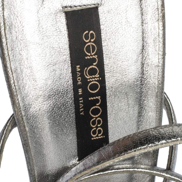 مملوكة مسبقًا Sergio Rossi Metallic Silver Leather Embellished Ankle Strap Sandals Size 38
