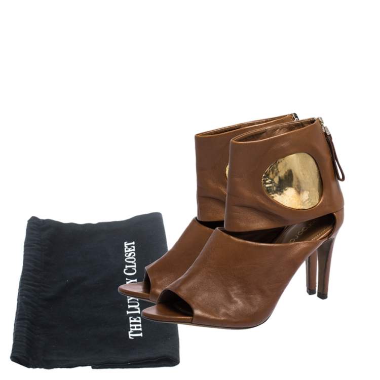 Pre Owned Sergio Rossi Brown/Gold Leather Cut Out Booties Size 36