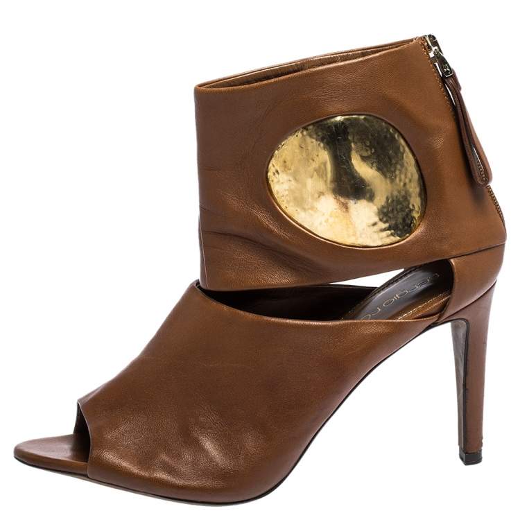 Pre Owned Sergio Rossi Brown/Gold Leather Cut Out Booties Size 36