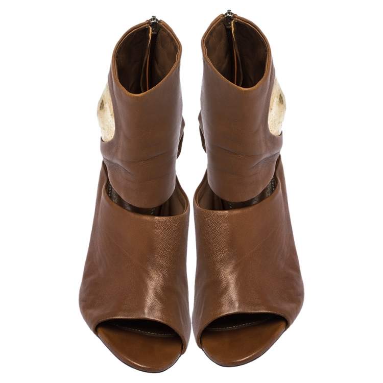 Pre Owned Sergio Rossi Brown/Gold Leather Cut Out Booties Size 36
