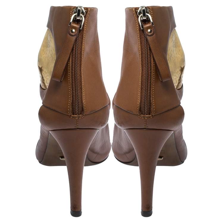 Pre Owned Sergio Rossi Brown/Gold Leather Cut Out Booties Size 36