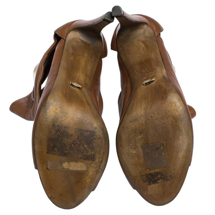 Pre Owned Sergio Rossi Brown/Gold Leather Cut Out Booties Size 36
