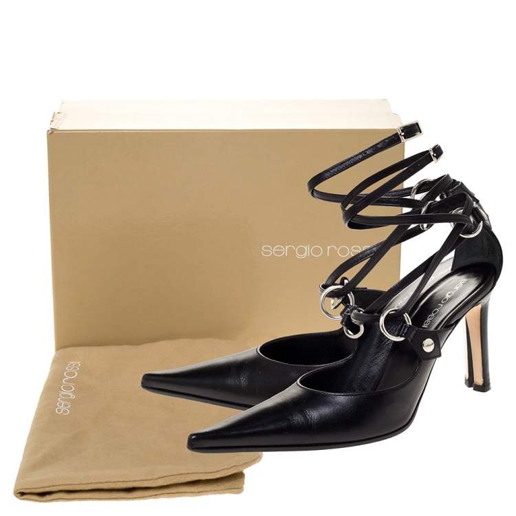 Pre Owned Sergio Rossi Black Leather Ankle Loop Strap Pointed Toe Pump Size 35.5
