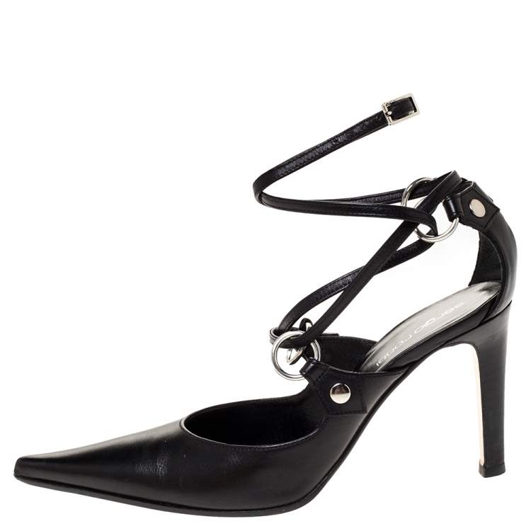 Pre Owned Sergio Rossi Black Leather Ankle Loop Strap Pointed Toe Pump Size 35.5