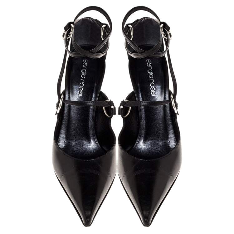 Pre Owned Sergio Rossi Black Leather Ankle Loop Strap Pointed Toe Pump Size 35.5