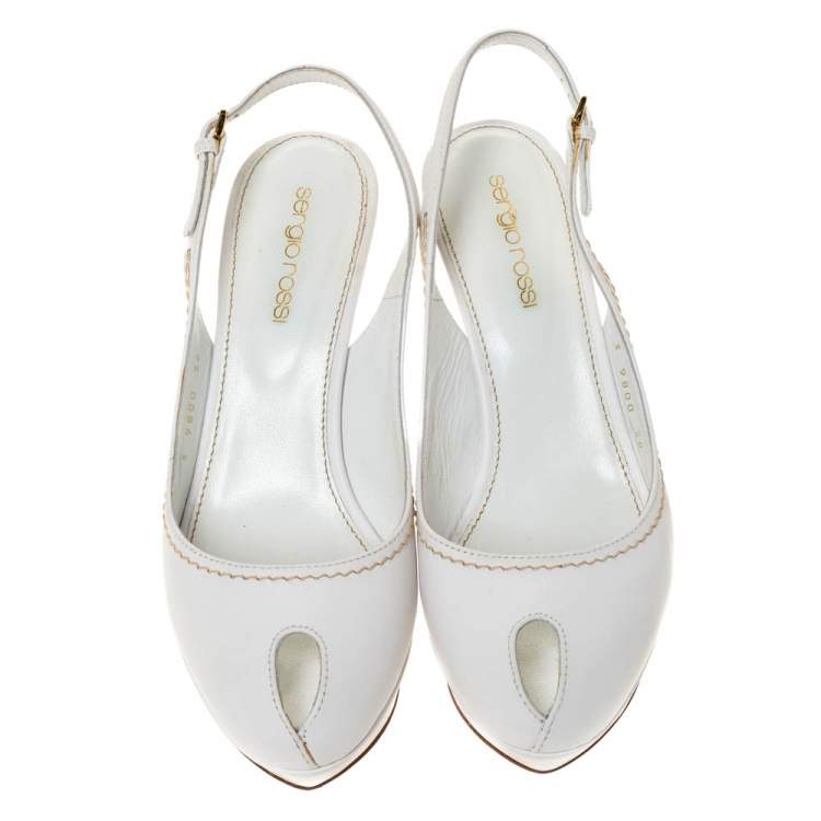 Pre Owned Sergio Rossi White Leather Peep Toe Platform Slingback Sandals Size 36