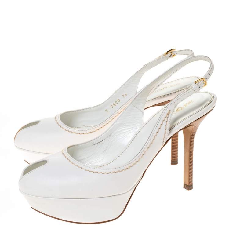Pre Owned Sergio Rossi White Leather Peep Toe Platform Slingback Sandals Size 36