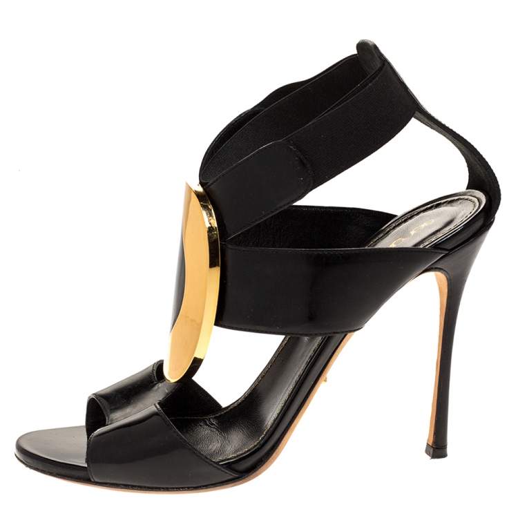Pre Owned Sergio Rossi Black Patent Embellished Elastic Strappy Sandals Size 38