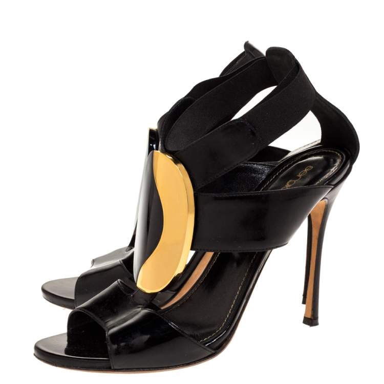 Pre Owned Sergio Rossi Black Patent Embellished Elastic Strappy Sandals Size 38