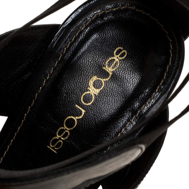 Pre Owned Sergio Rossi Black Patent Embellished Elastic Strappy Sandals Size 38