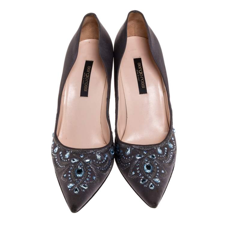 Pre Owned Sergio Rossi Grey Satin Crystal Embellished Pointed Toe Pumps Size 38.5