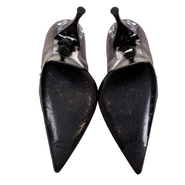 Pre Owned Sergio Rossi Grey Satin Crystal Embellished Pointed Toe Pumps Size 38.5
