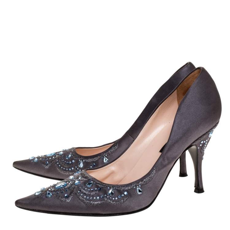 Pre Owned Sergio Rossi Grey Satin Crystal Embellished Pointed Toe Pumps Size 38.5
