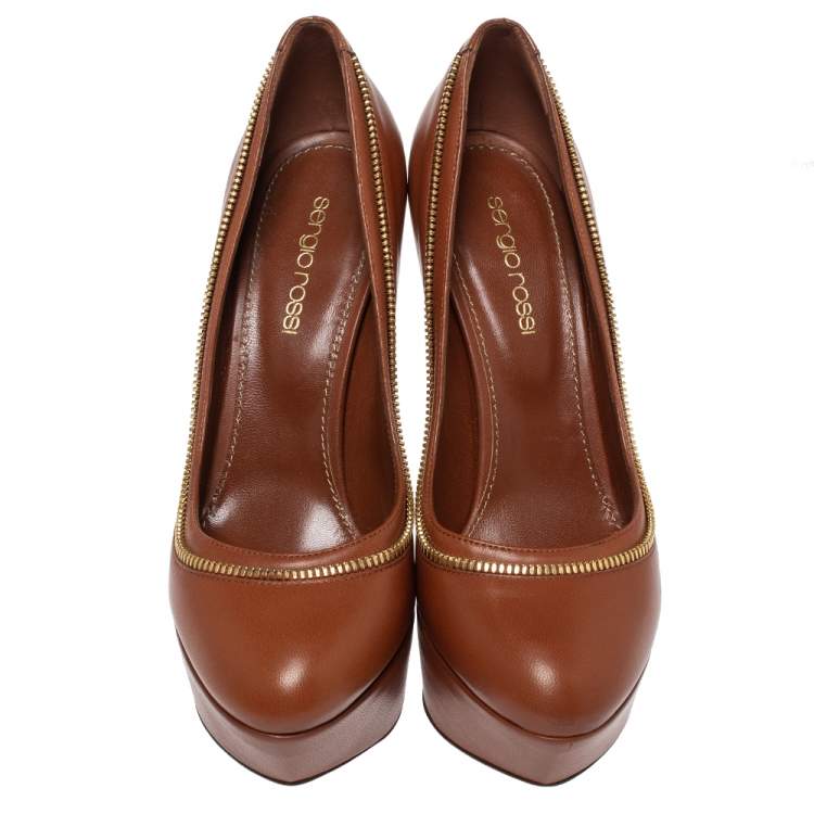Pre Owned Sergio Rossi Brown Leather Platform Pumps Size 36