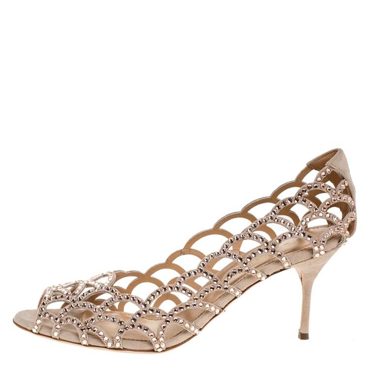 Pre Owned Sergio Rossi Beige Crystal Embellished Suede Leather Cutout Open Toe Sandals Size 39